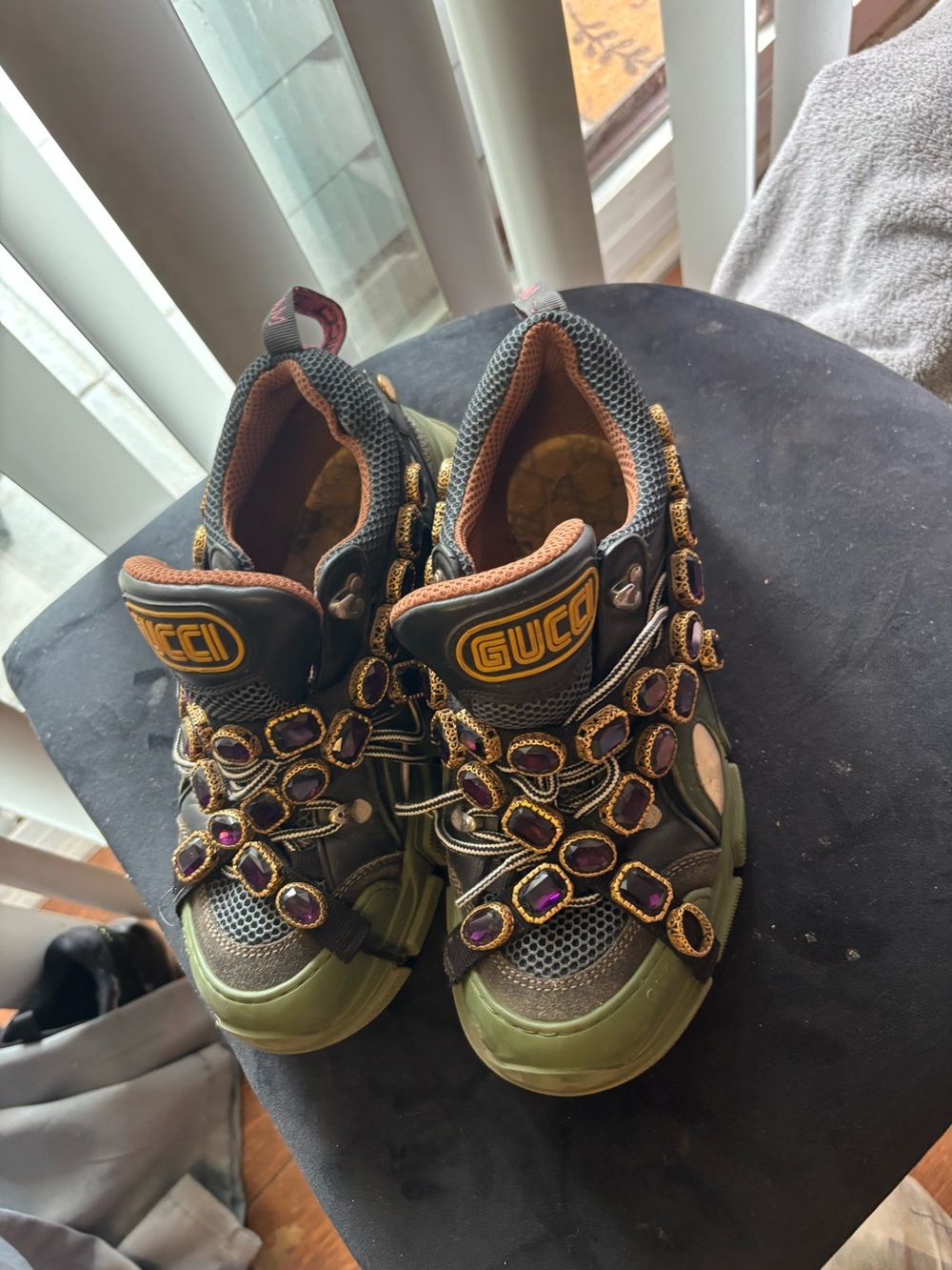 GUCCI men Green and Purple Embellished with crystal Sneaker